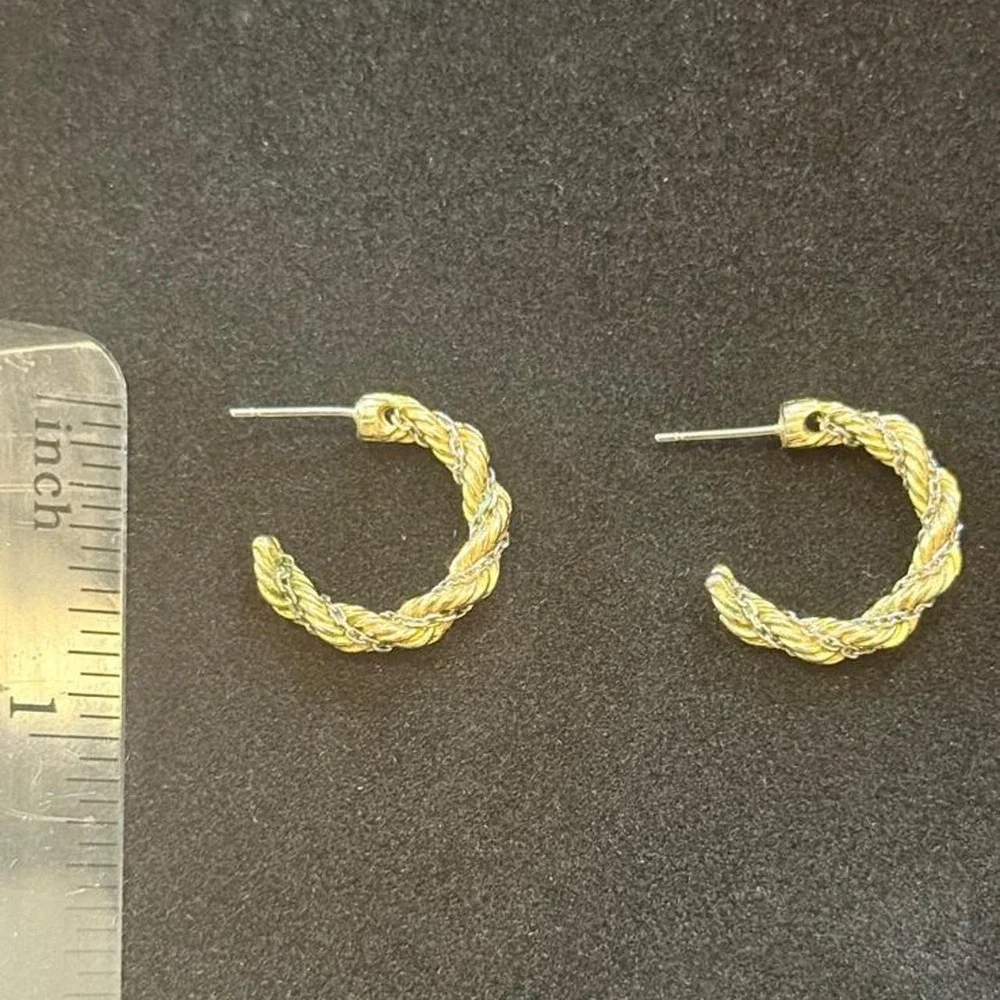 Two-tone Twisted Gold & Steel Hoop Earrings with braided texture
